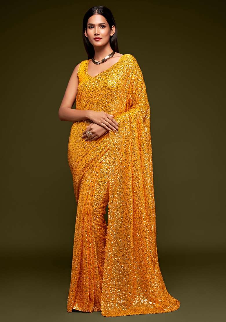 Honey Yellow Embroidered Georgette Saree Set - Indya