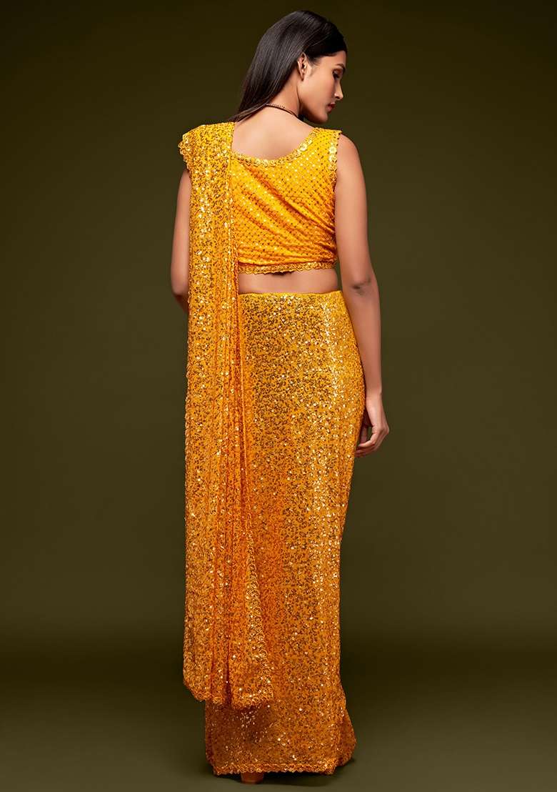 Honey Yellow Embroidered Georgette Saree Set - Indya