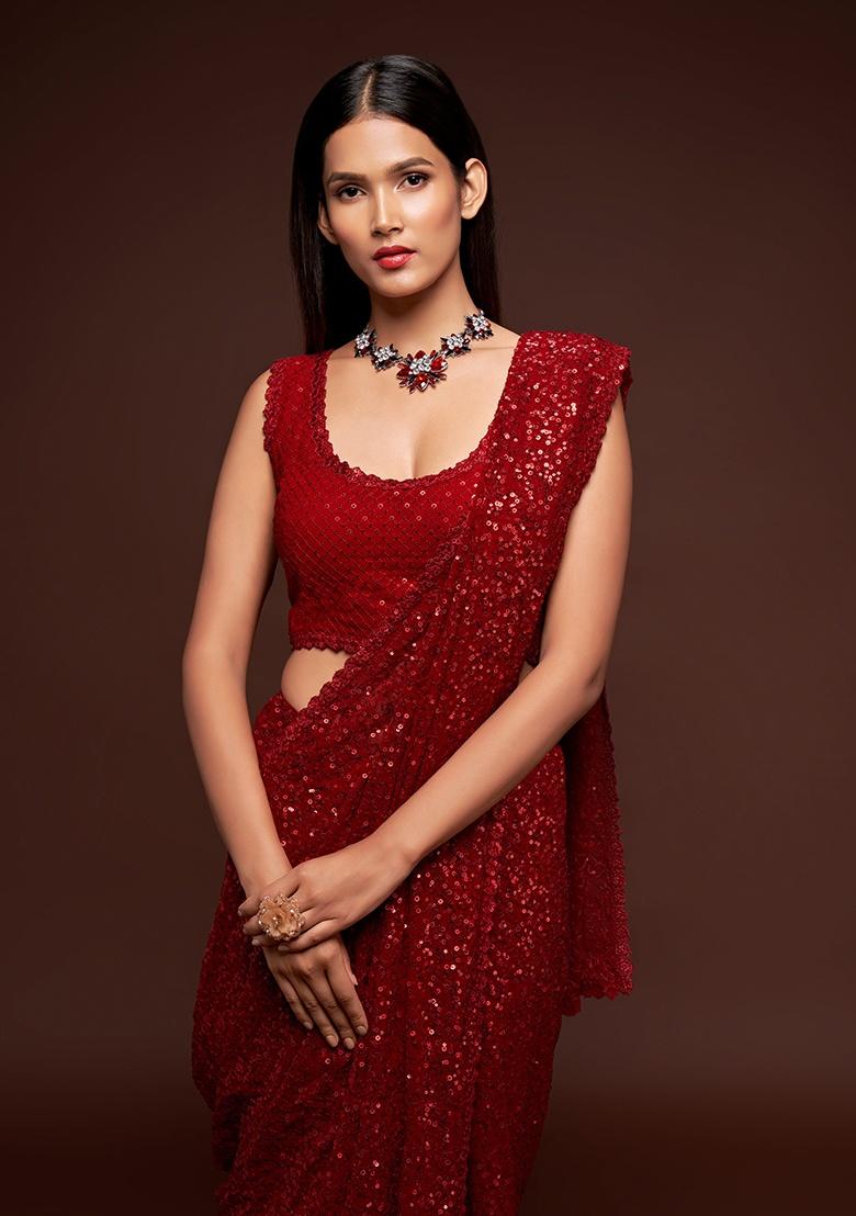 Ruby Red Embroidered Georgette Saree Set