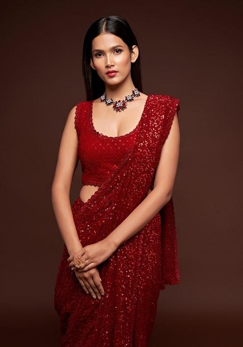 Ruby Red Embroidered Georgette Saree Set