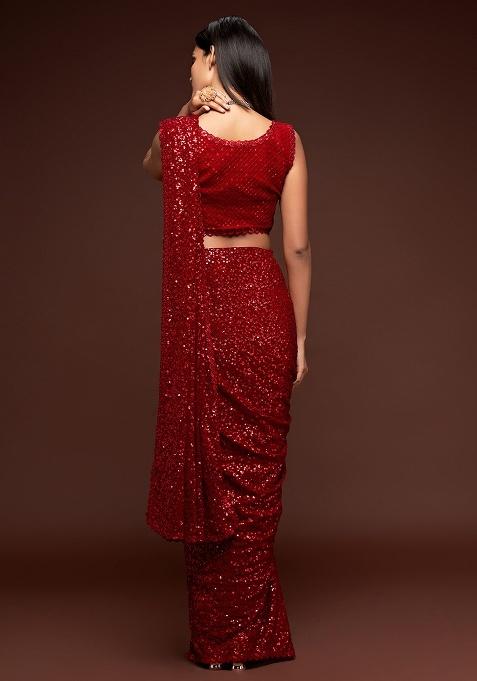 Ruby Red Embroidered Georgette Saree Set