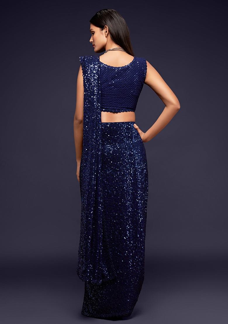 Blush Blue Embroidered Georgette Saree Set - Indya