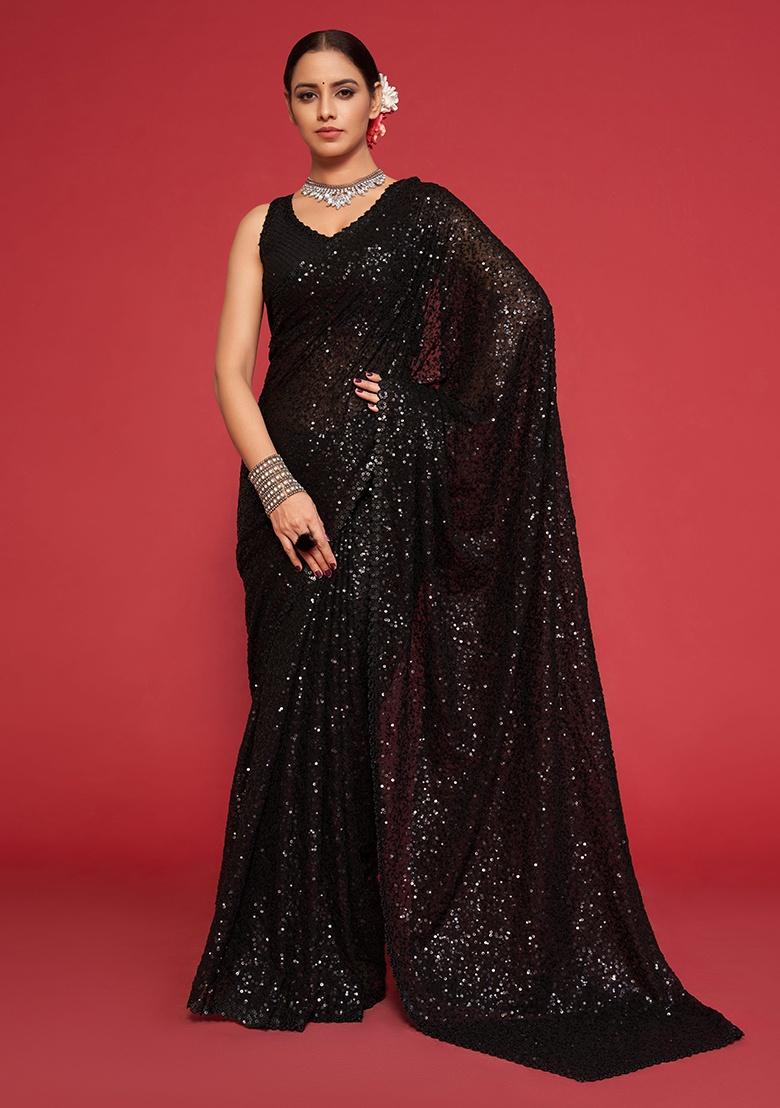Black Embroidered Georgette Saree Set - Indya