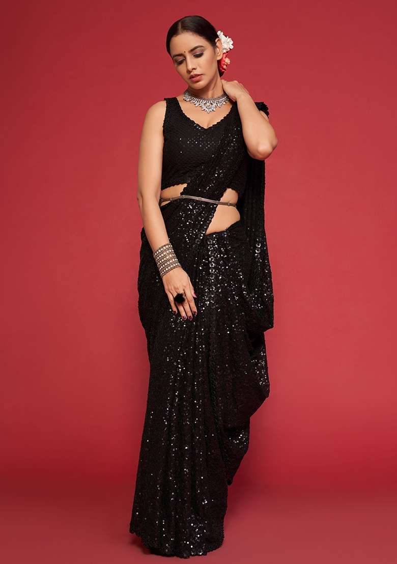 Black Embroidered Georgette Saree Set - Indya