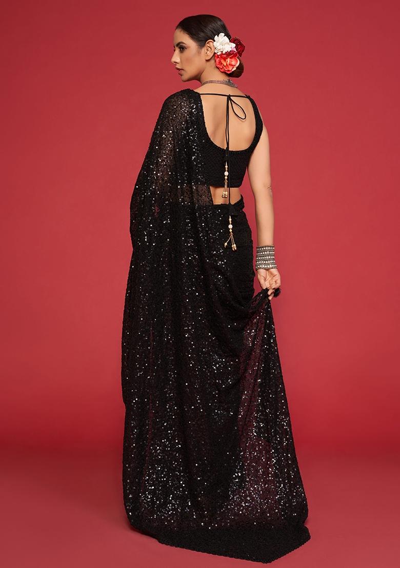Black Embroidered Georgette Saree Set - Indya