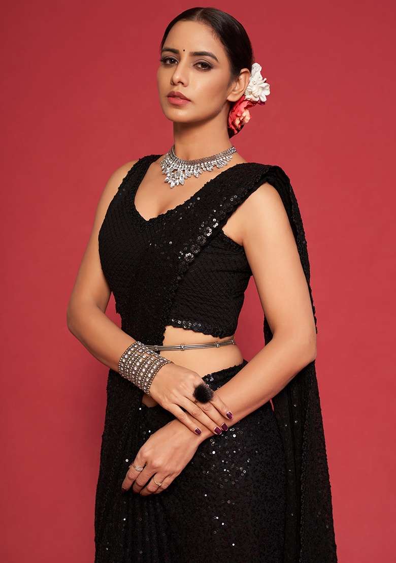Black Embroidered Georgette Saree Set - Indya