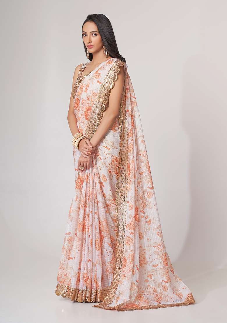 White Embroidered Organza Saree Set for Diwali and Festive Wear - Indya