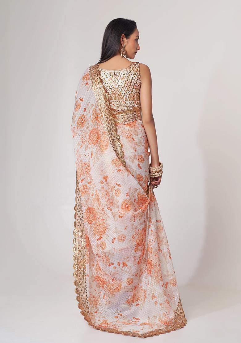 White Embroidered Organza Saree Set - Indya