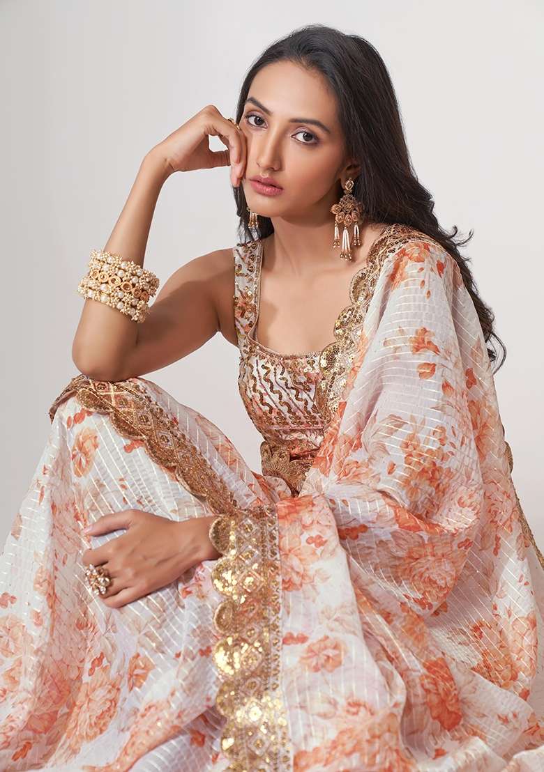 White Embroidered Organza Saree Set for Diwali and Festive Wear - Indya