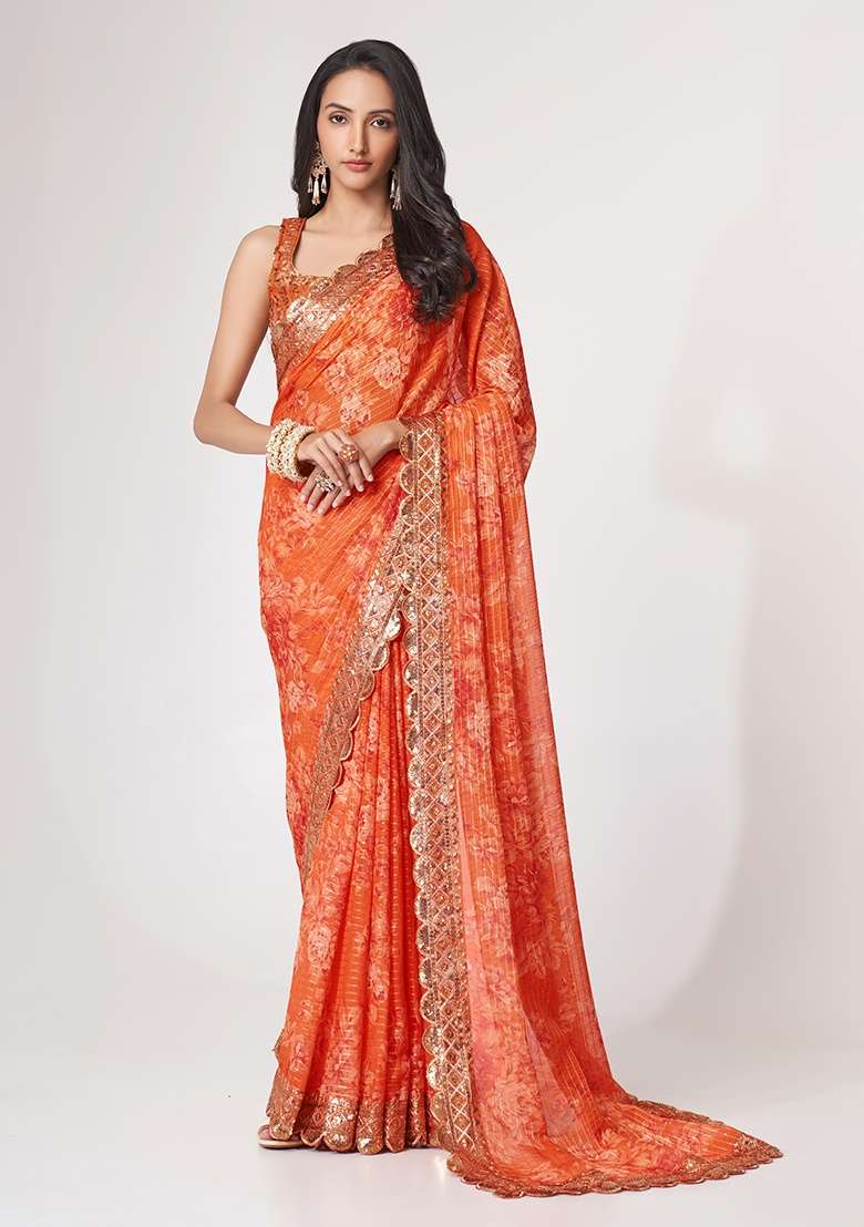 Orange Embroidered Organza Saree Set for Diwali and Festive Wear - Indya
