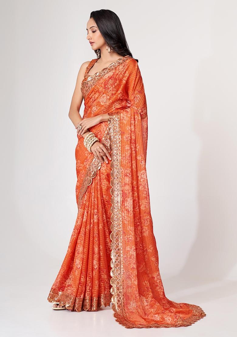 Orange Embroidered Organza Saree Set - Indya