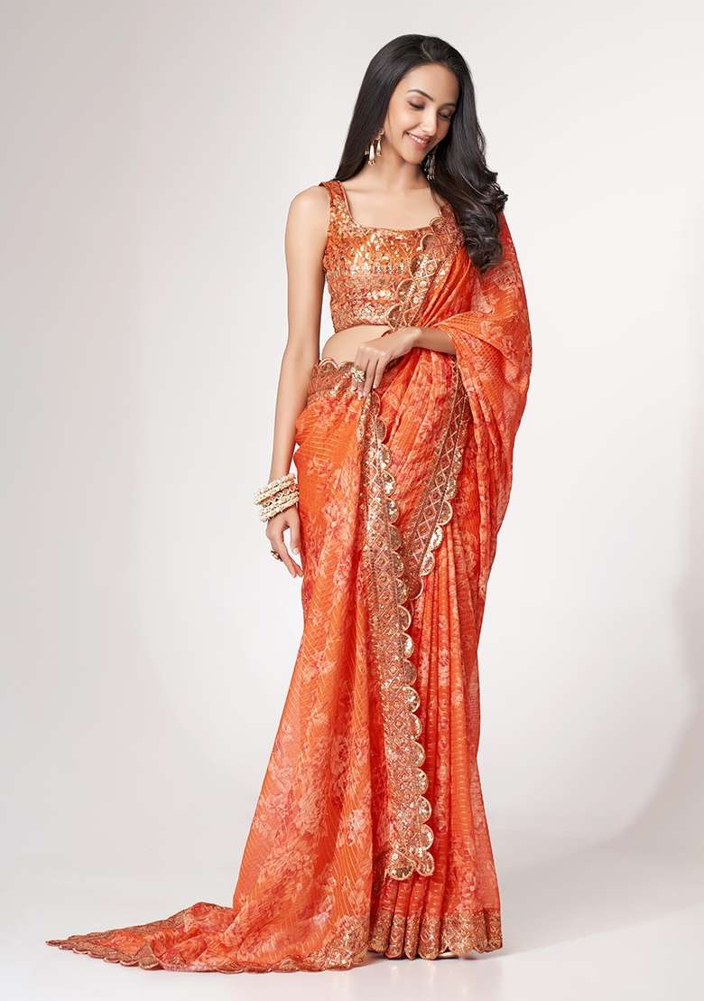 Orange Embroidered Organza Saree Set for Diwali and Festive Wear - Indya