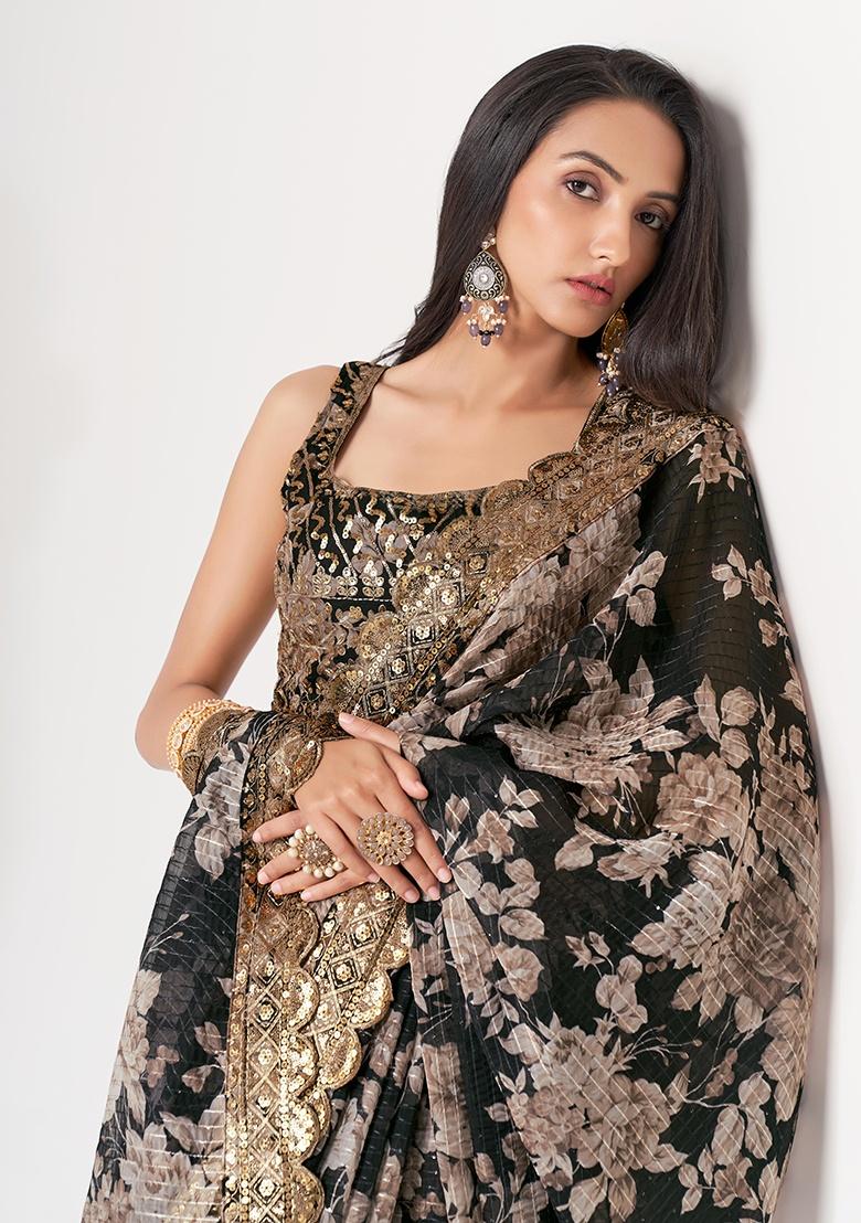 Black Embroidered Organza Saree Set