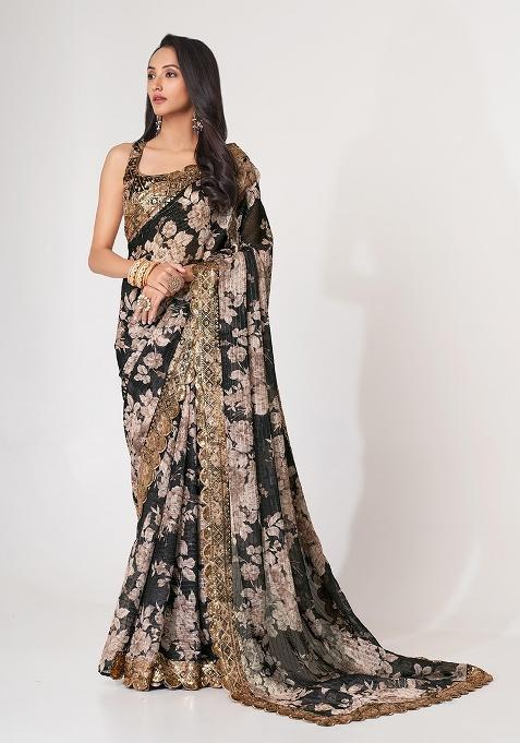 Black Embroidered Organza Saree Set