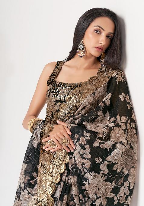 Black Embroidered Organza Saree Set