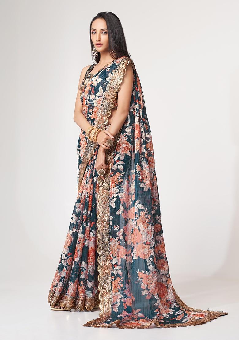 Dove Blue Embroidered Organza Saree Set - Indya