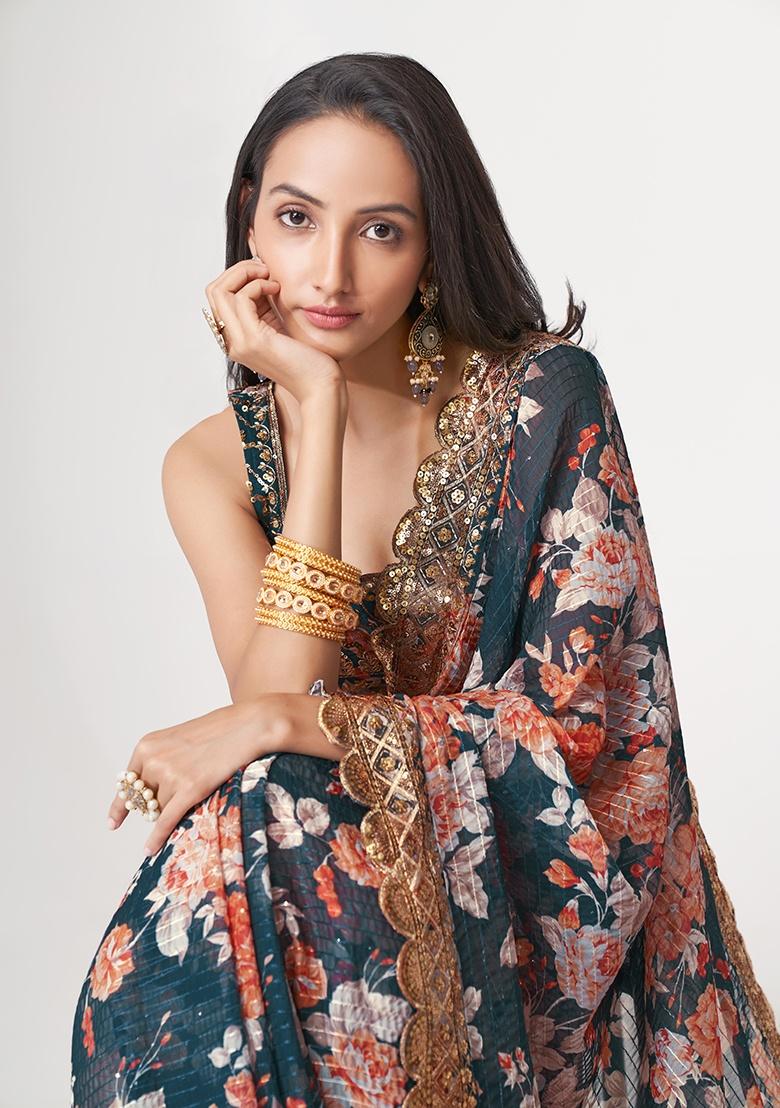 Dove Blue Embroidered Organza Saree Set - Indya