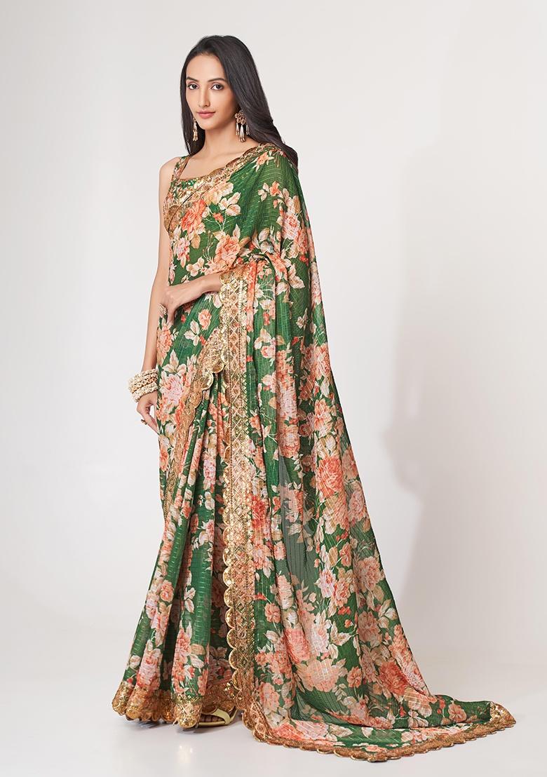 Green Embroidered Organza Saree Set - Indya