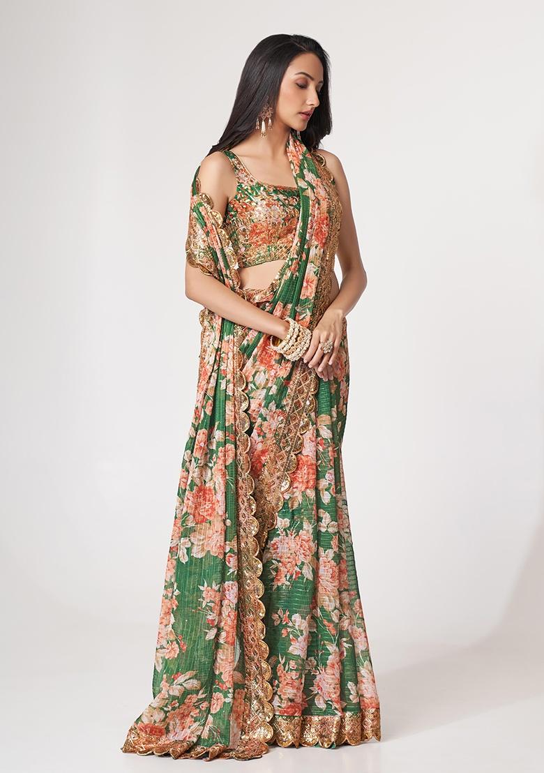 Green Embroidered Organza Saree Set - Indya