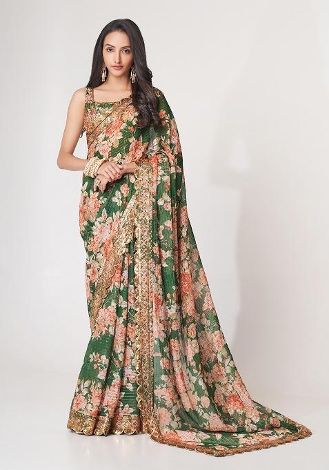 Green Embroidered Organza Saree Set