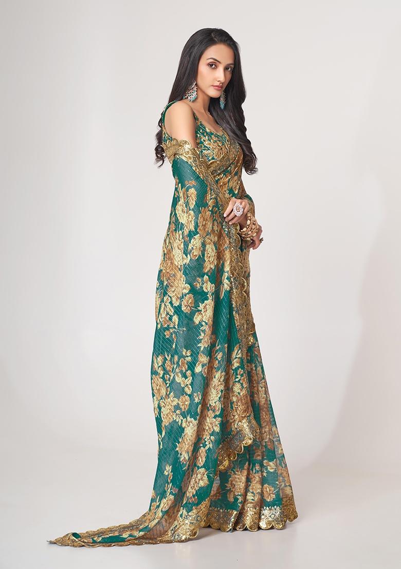 Teal Blue Embroidered Organza Saree Set - Indya