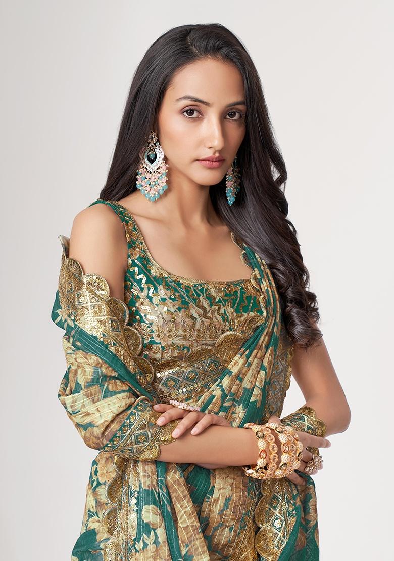 Teal Blue Embroidered Organza Saree Set - Indya