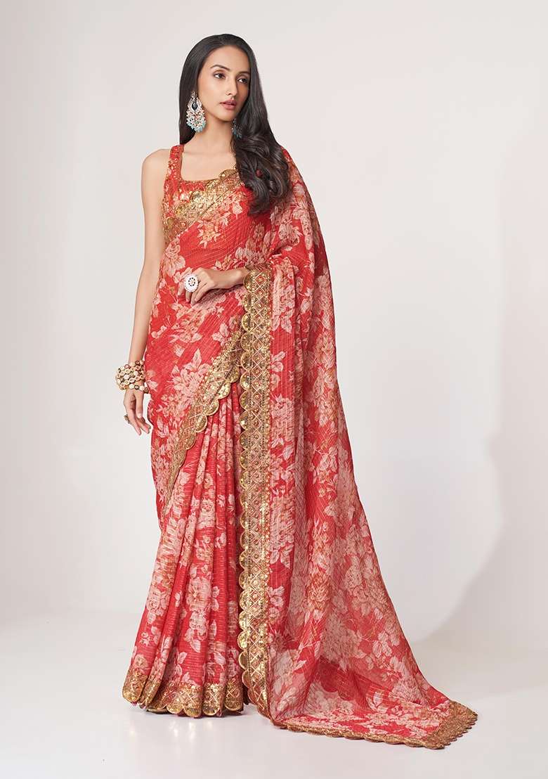 Red Embroidered Organza Saree Set for Diwali and Festive Wear - Indya