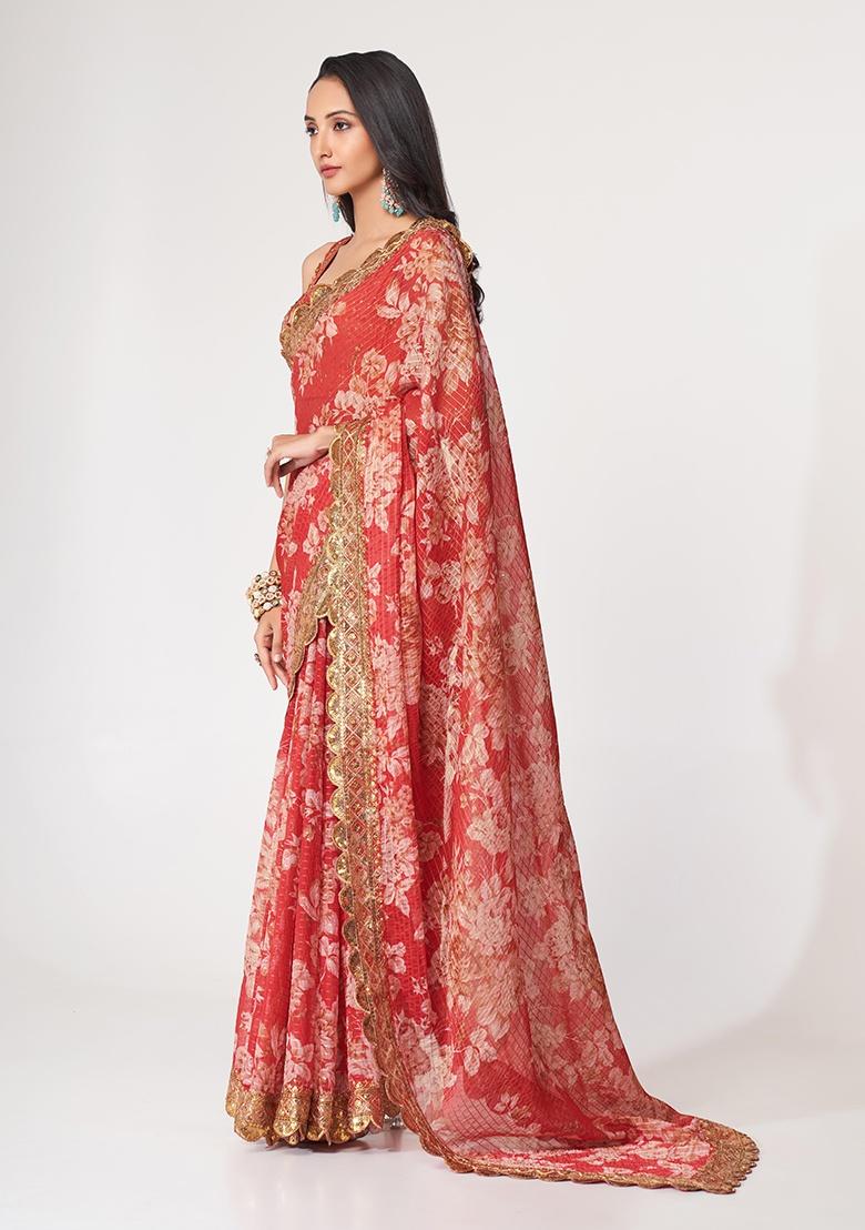 Red Embroidered Organza Saree Set - Indya