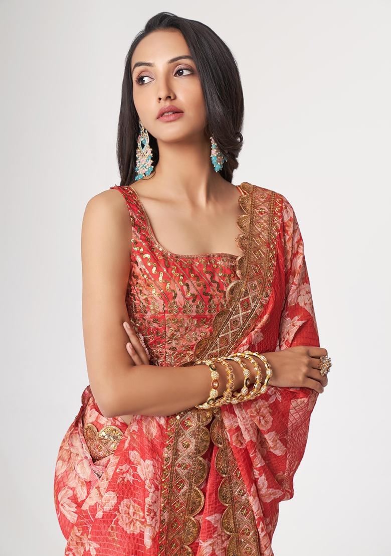 Red Embroidered Organza Saree Set - Indya