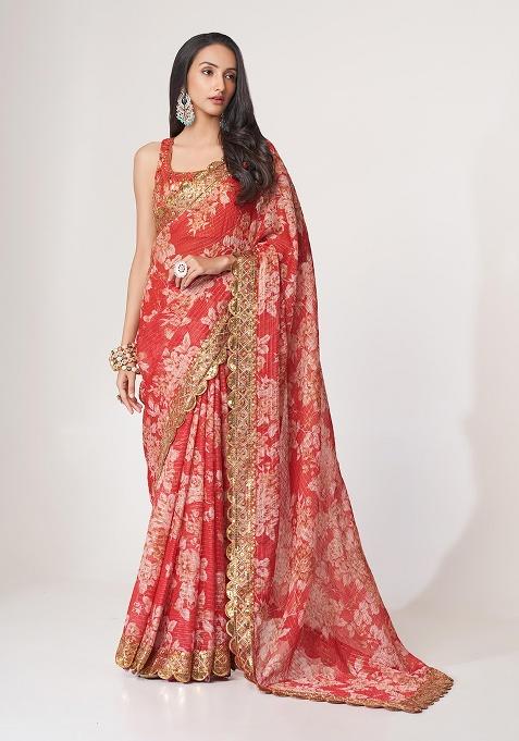 Red Embroidered Organza Saree Set