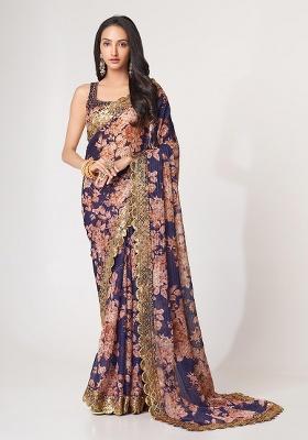 Purple Embroidered Organza Saree Set