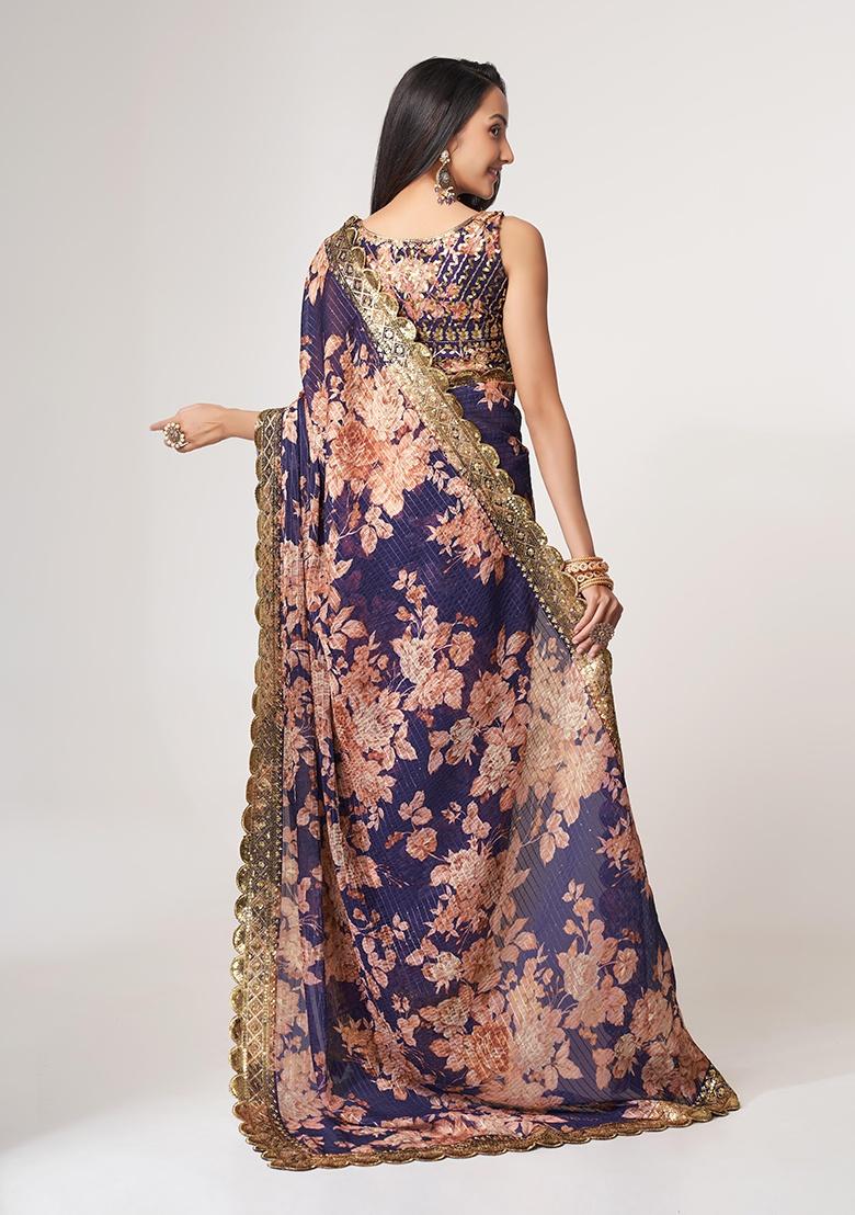 Purple Embroidered Organza Saree Set - Indya