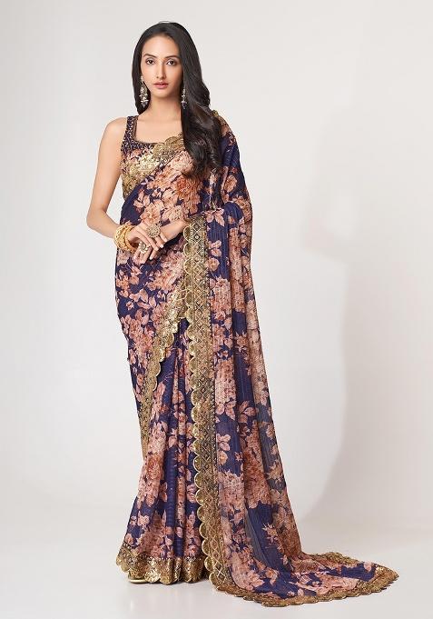 Purple Embroidered Organza Saree Set