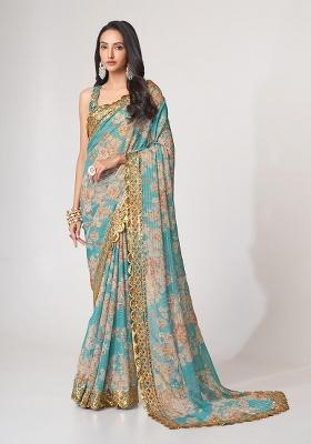 Sky Blue Embroidered Organza Saree Set