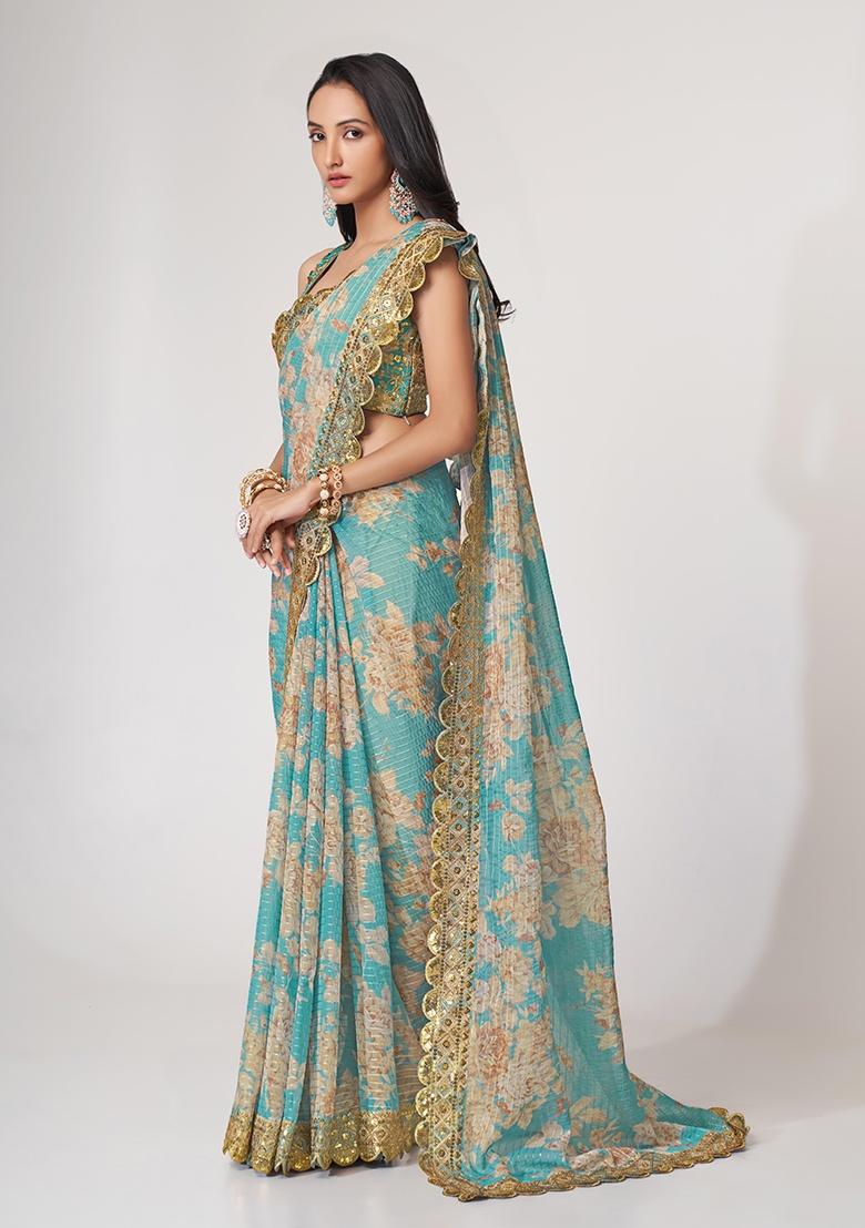 Sky Blue Embroidered Organza Saree Set - Indya