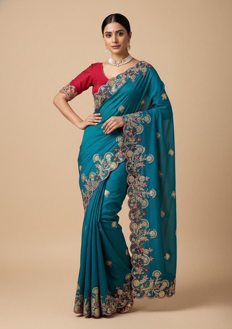 Teal Embroidered Chiffon Saree Set