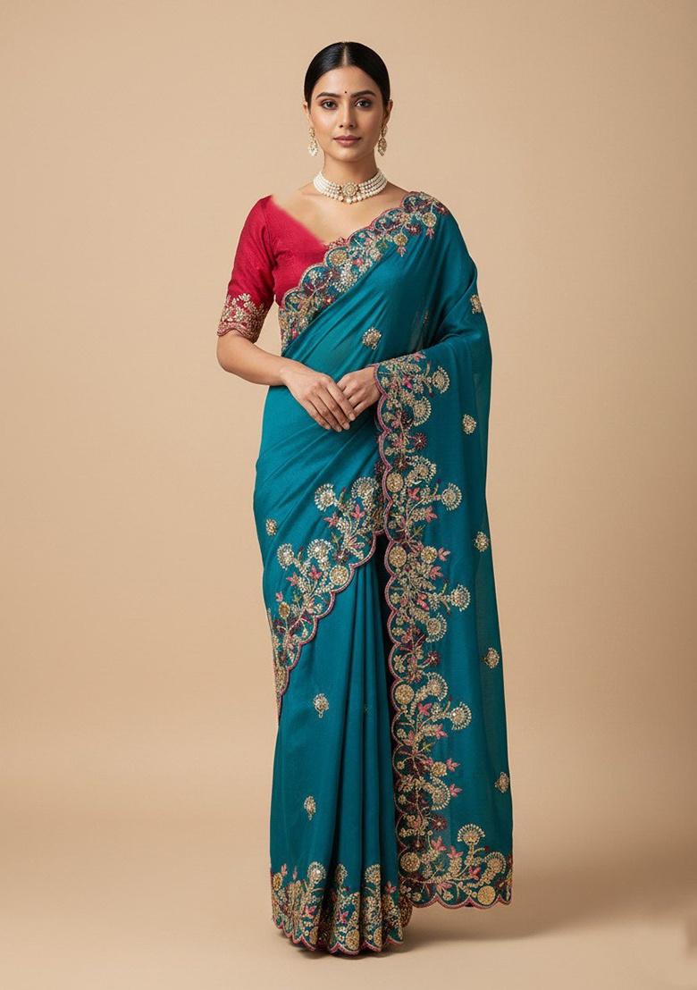 Teal Embroidered Chiffon Saree Set - Indya