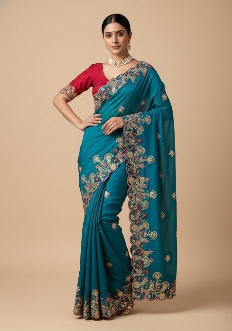 Teal Embroidered Chiffon Saree Set
