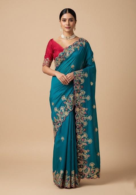 Teal Embroidered Chiffon Saree Set