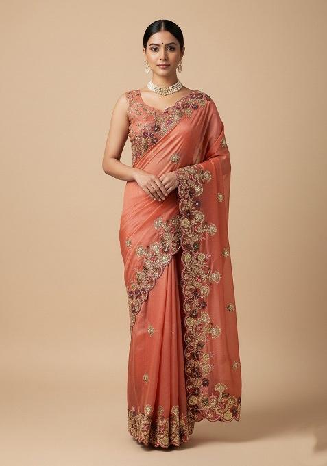 Peach Embroidered Chiffon Saree Set