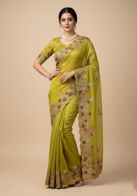 Pista Embroidered Chiffon Saree Set