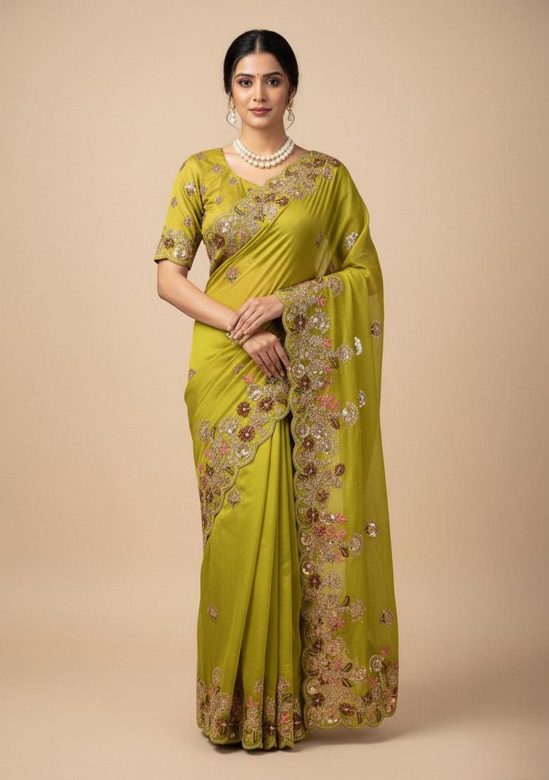 Pista Embroidered Chiffon Saree Set - Indya