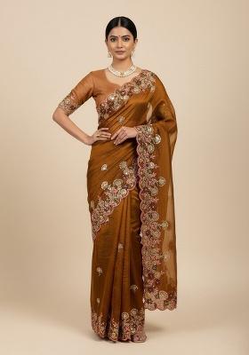 Brown Embroidered Chiffon Saree Set
