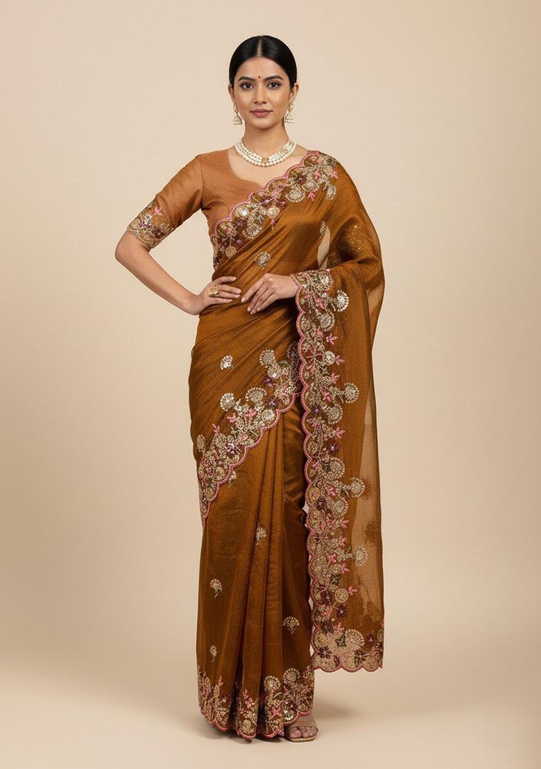 Brown Embroidered Chiffon Saree Set