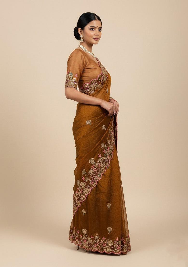 Brown Embroidered Chiffon Saree Set - Indya