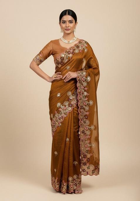Brown Embroidered Chiffon Saree Set
