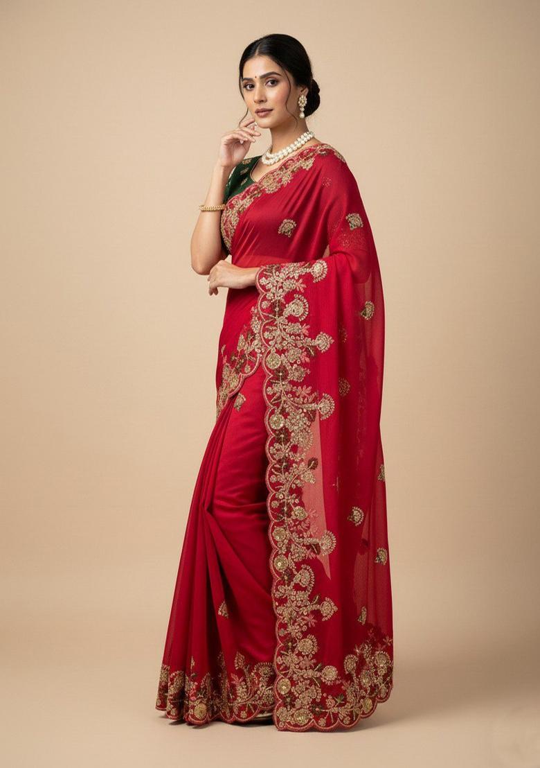Red Embroidered Chiffon Saree Set - Indya