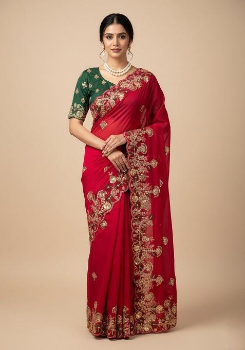 Red Embroidered Chiffon Saree Set