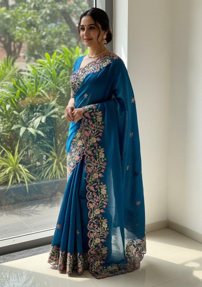 Teal Blue Embroidered Chiffon Saree Set - Indya