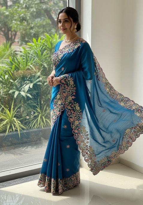 Teal Blue Embroidered Chiffon Saree Set